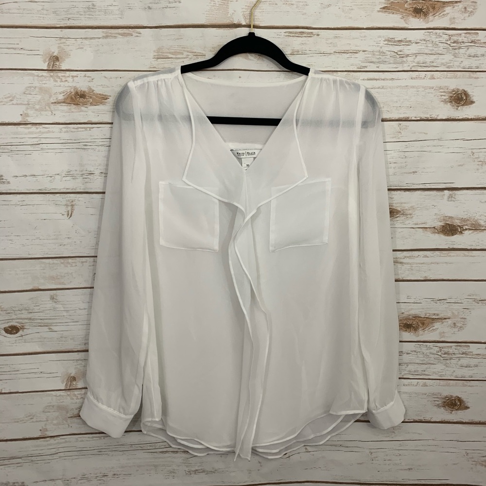 White House Black Market White Sheer Ruffle-Front Blouse